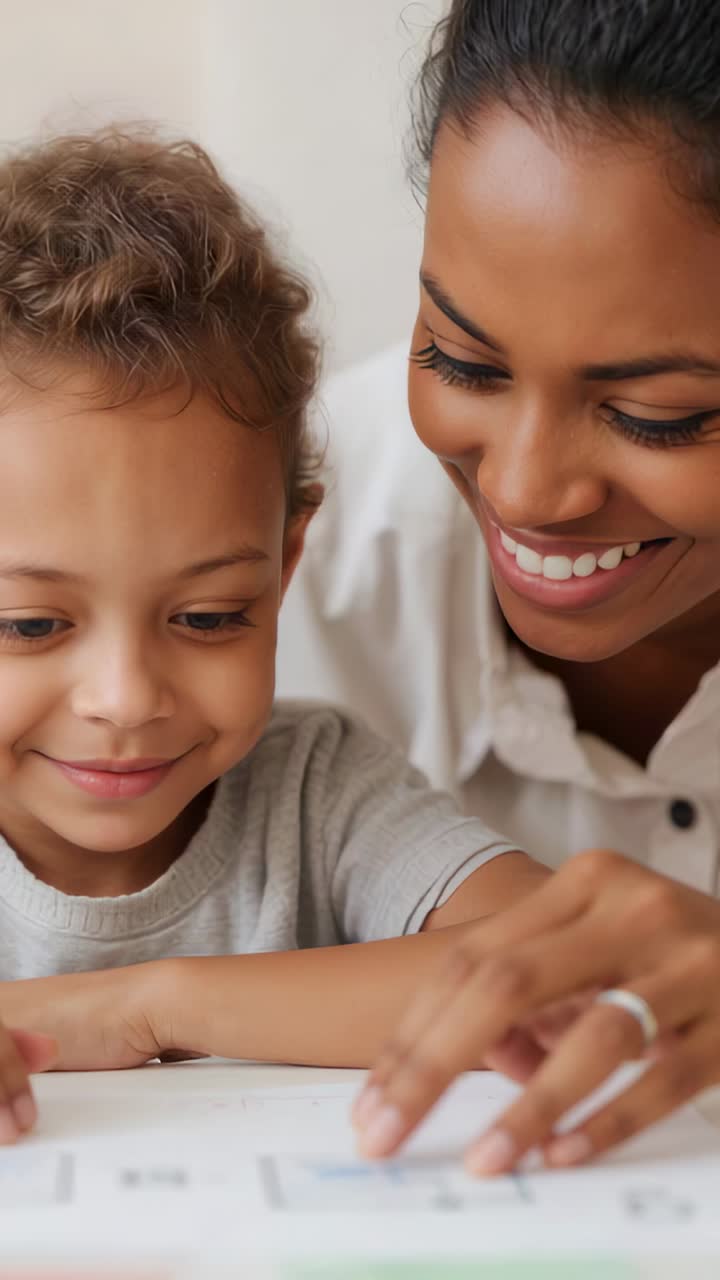 Vertical video: Leaning woman white shirt guiding child following paper at table, pointing finger