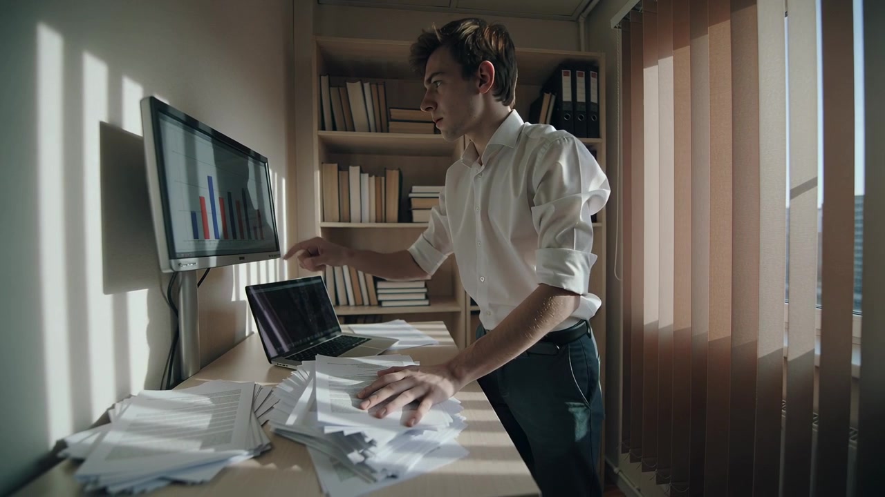 Sorting white-shirt man handling papers in office, pointing at monitor, using laptop reviewing data