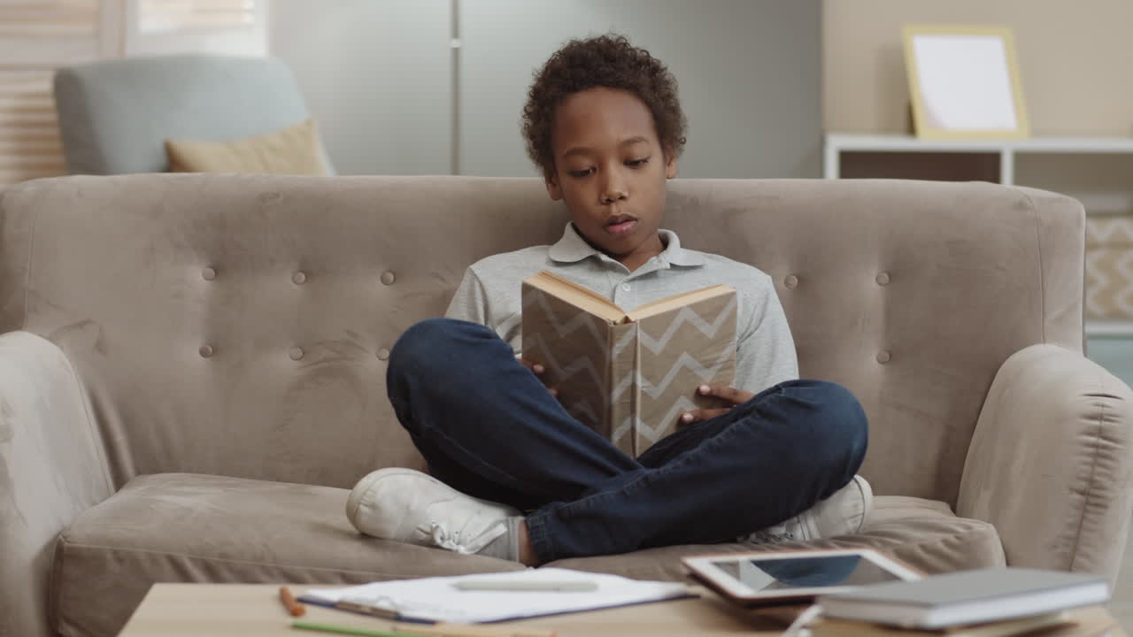 Boy Reading a Book on a Sofa