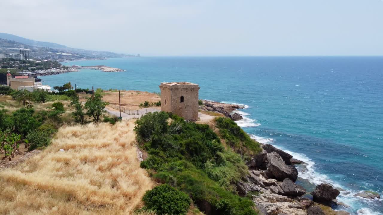 Glimpse of The Guard Tower Of The Ancient Structure Of The Fidar Crusader Fortress In Lebanon - aerial shot