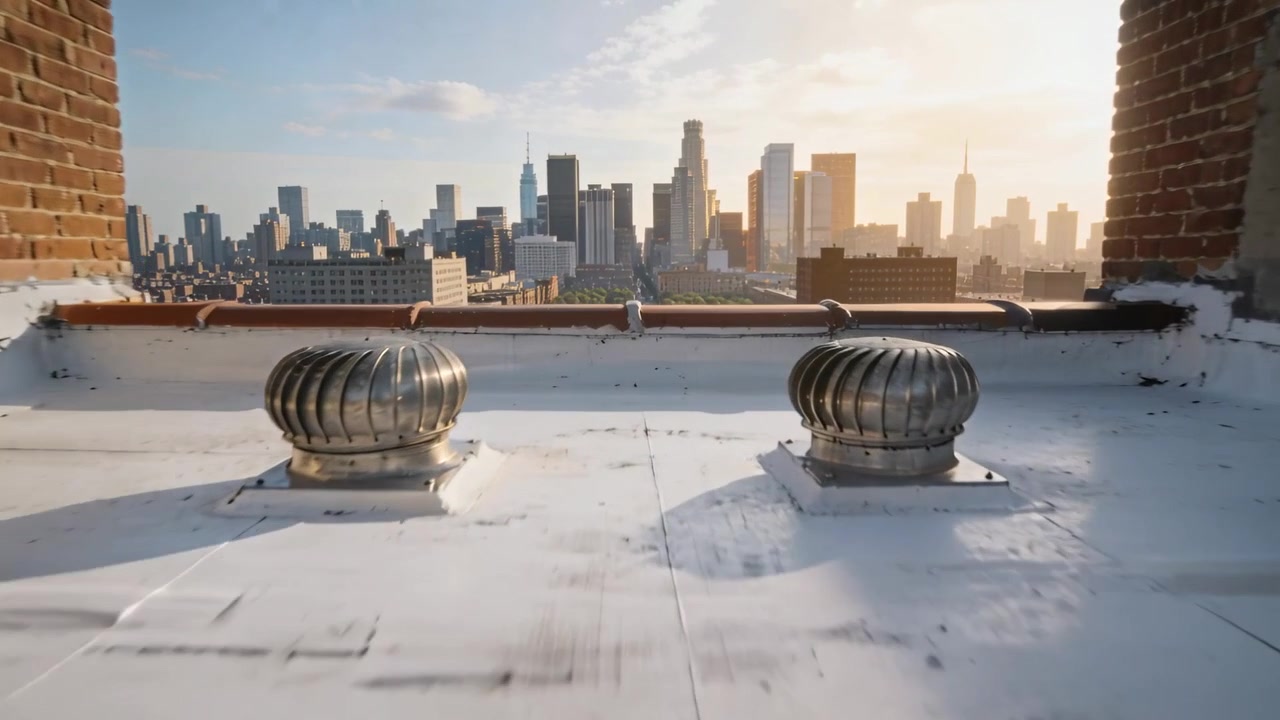 Pushing low roof-level camera forward across white roof to distant skyline, revealing turbine vents