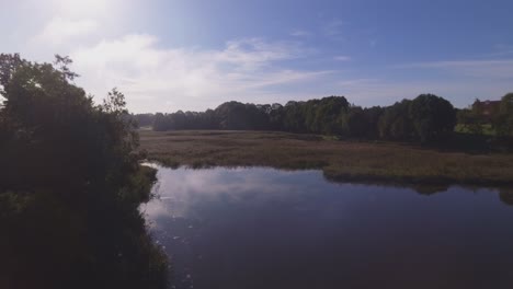 Flying-Low-Forwards-Over-The-Winding-River-on-a-Sunny-Morning