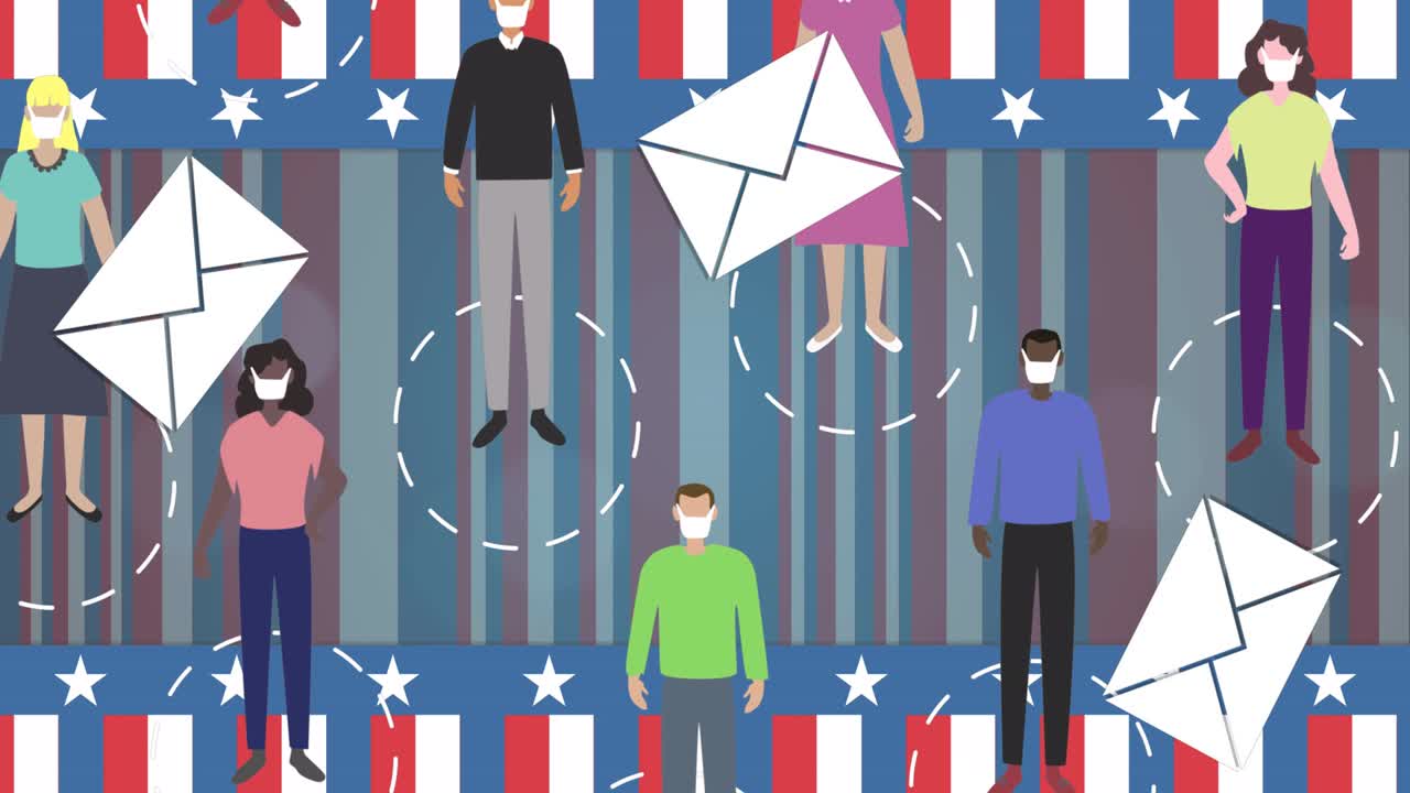 다수의 봉투 아이콘이 미국  ⁇ 발에 대항하여 얼굴 마스크를 착용한 사람들에게 떨어지고 있습니다.