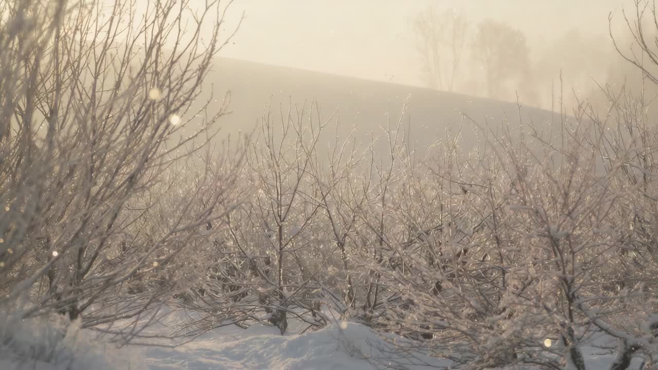 Shifting camera revealing frosted shrubs and low trees in mist, exposing sloping hill