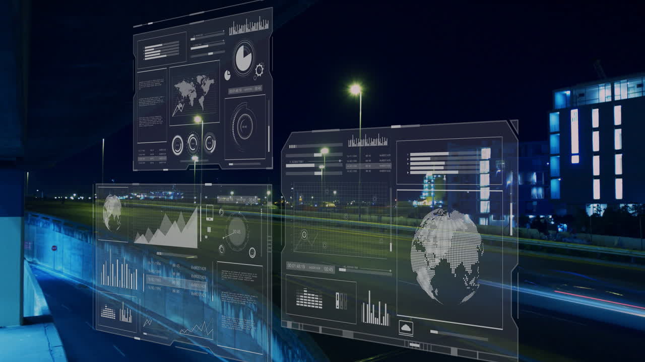 Digital animation showing data dashboards over nighttime cityscape with light trails