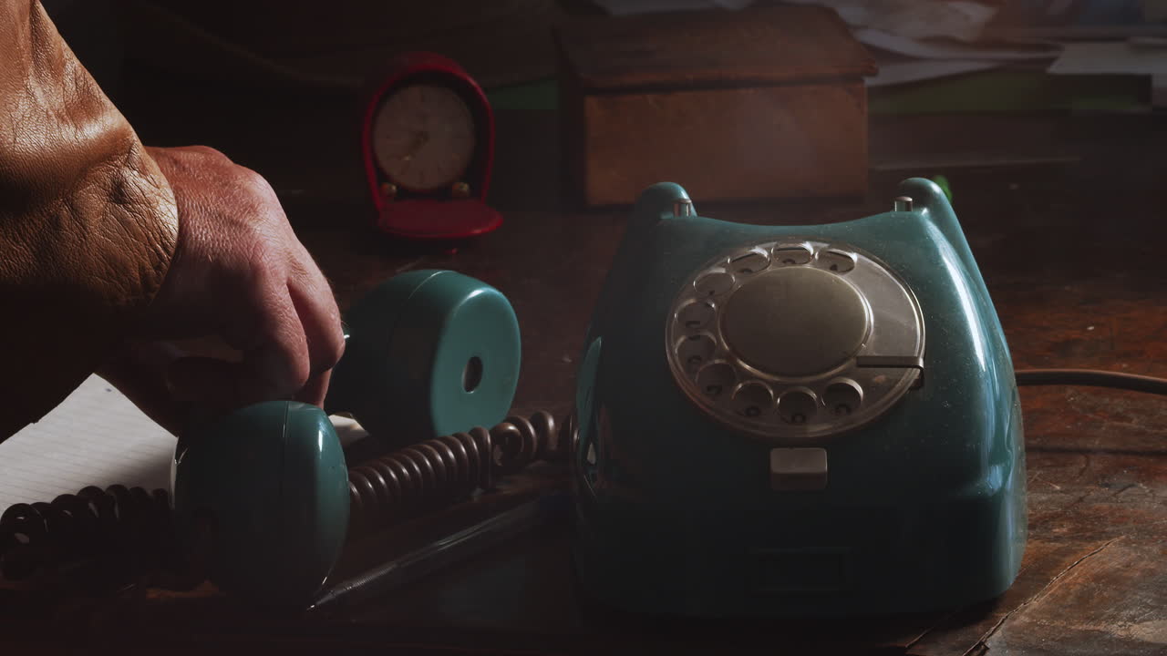 The mysterious person hangs up the receiver and puts it slowly on the table