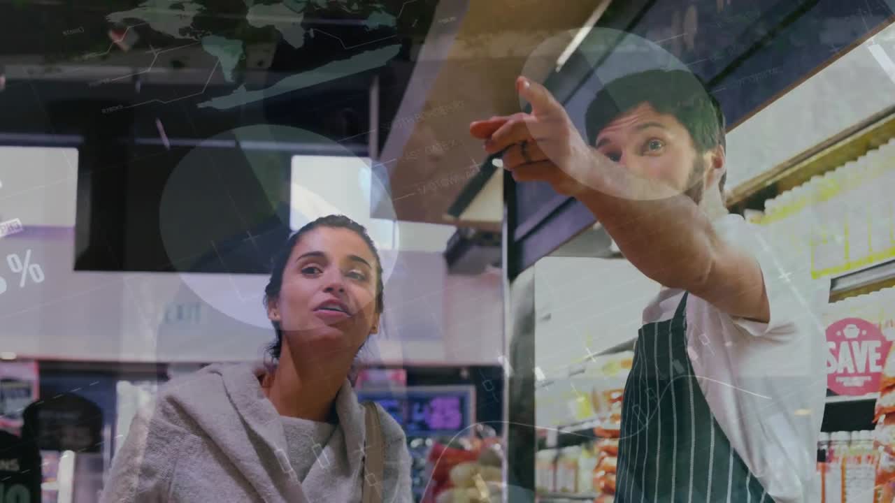 Animazione di elaborazione dati finanziari su persone diverse al supermercato