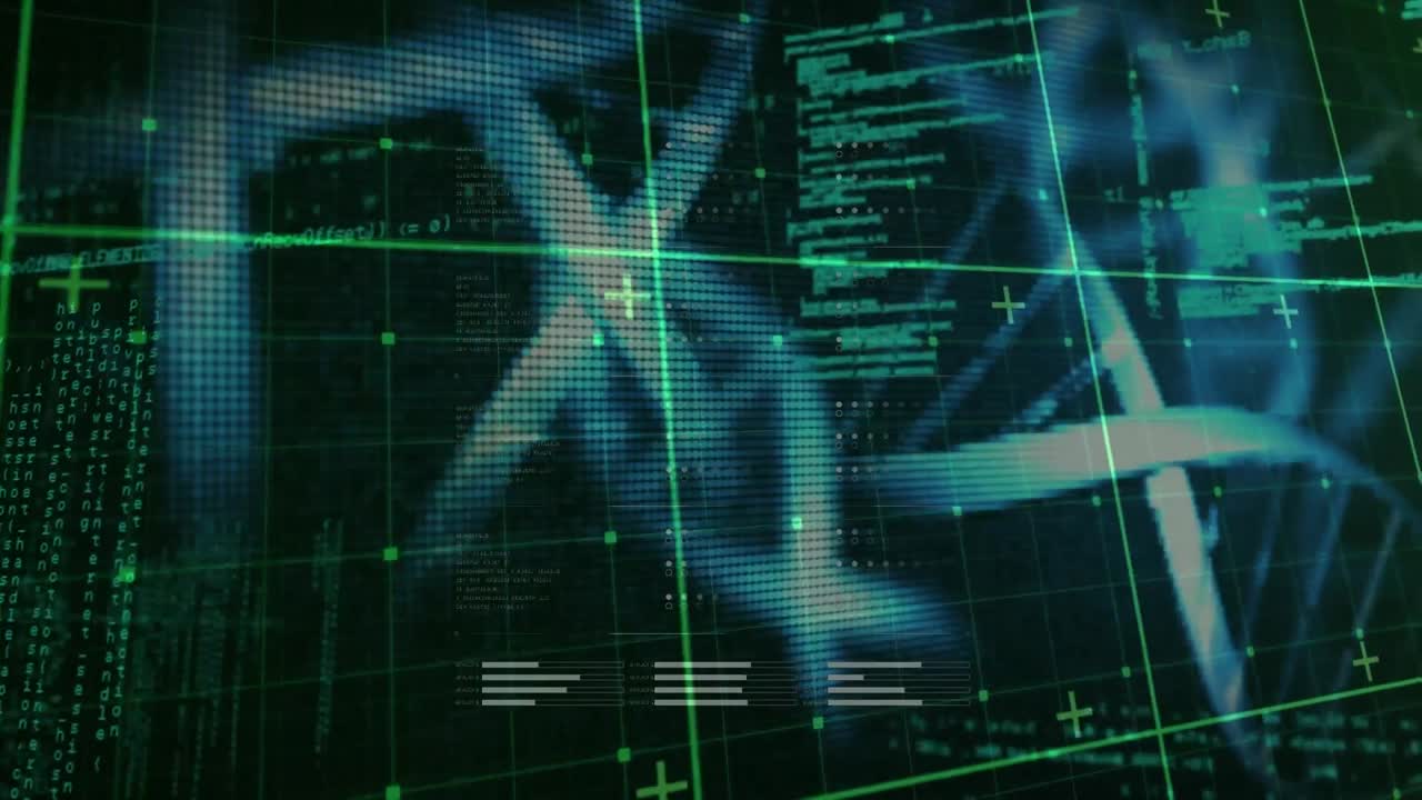 Animation of data processing over dna strands spinning