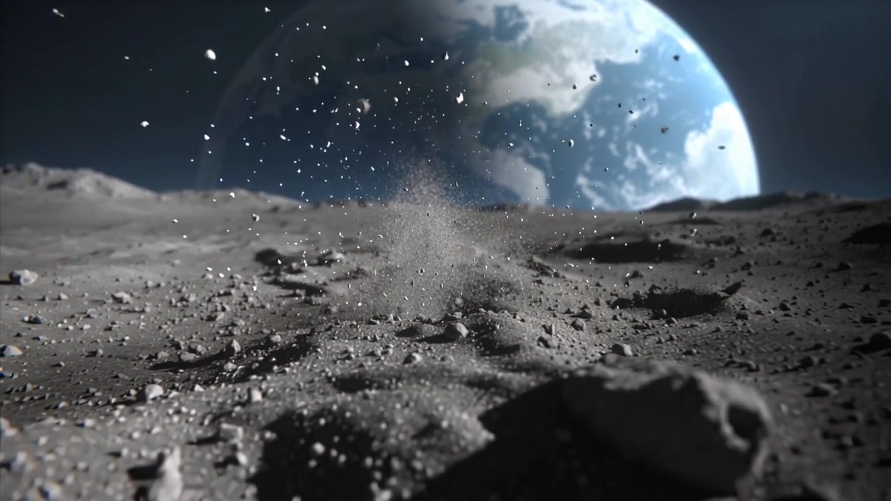 Lancio di una perturbazione da cratere poco profondo che invia polvere e rocce in un pennacchio sulla pianura lunare, con la Terra che sorge.