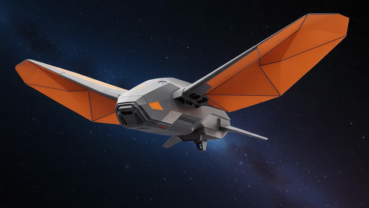 Design Futuristico di Drone Alato nello Spazio che Mostra Ingegneria Avanzata ed Estetica Innovativa con una Sorprendente Palette di Colori Arancione e Grigio