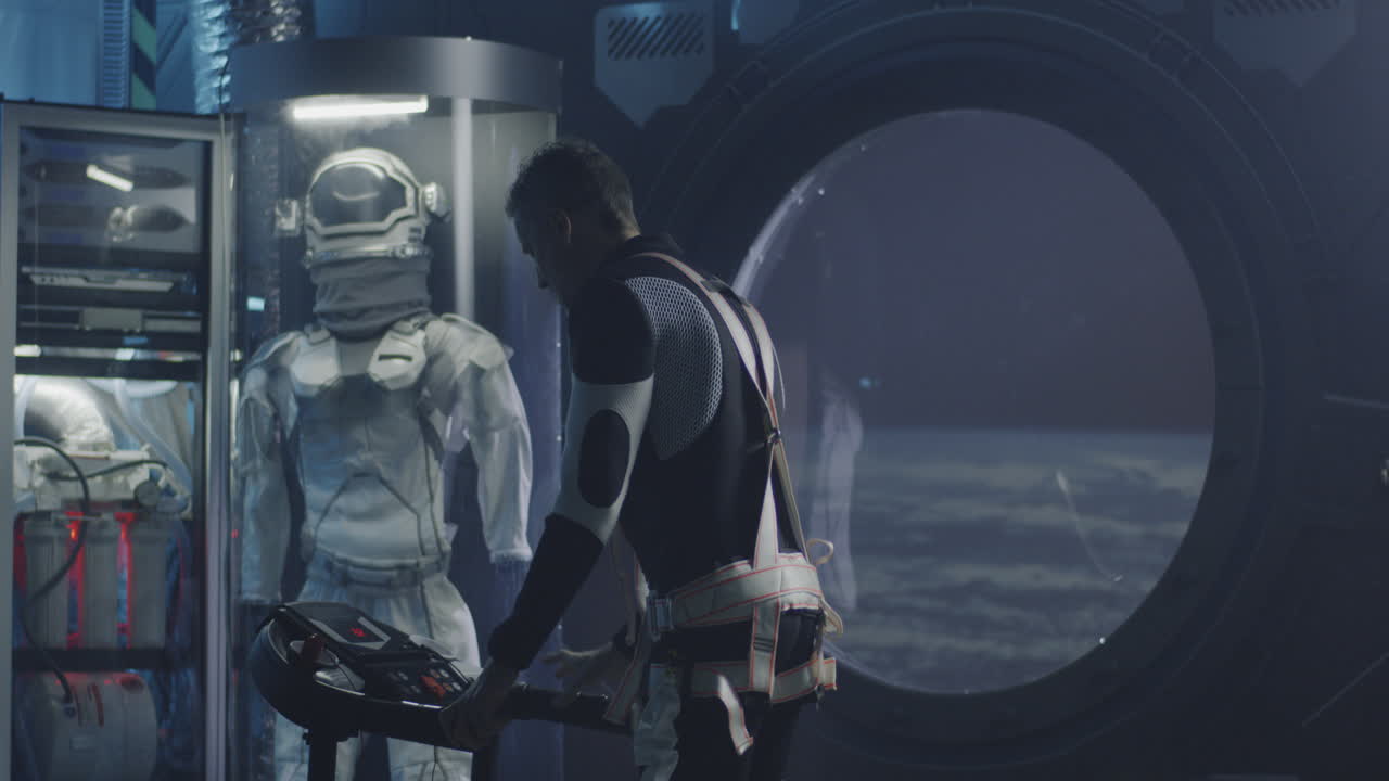 Astronaut Training on Treadmill in Space Simulation