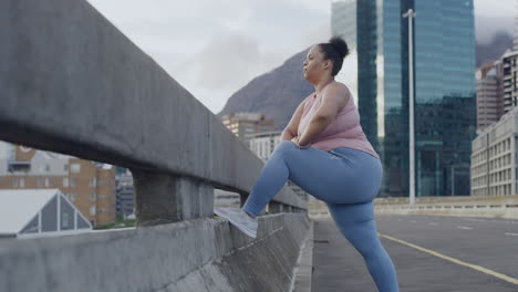 plus-size woman stretching outdoors