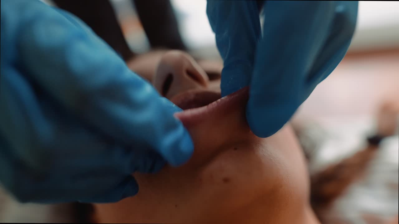 Medical Professional Examining Patient's Mouth with Blue Gloves