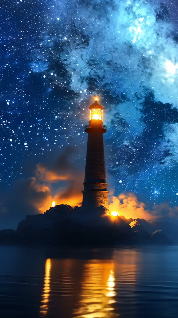 A lighthouse is lit up in the dark night sky. The lighthouse is surrounded by water and the sky is filled with stars. The scene is peaceful and serene