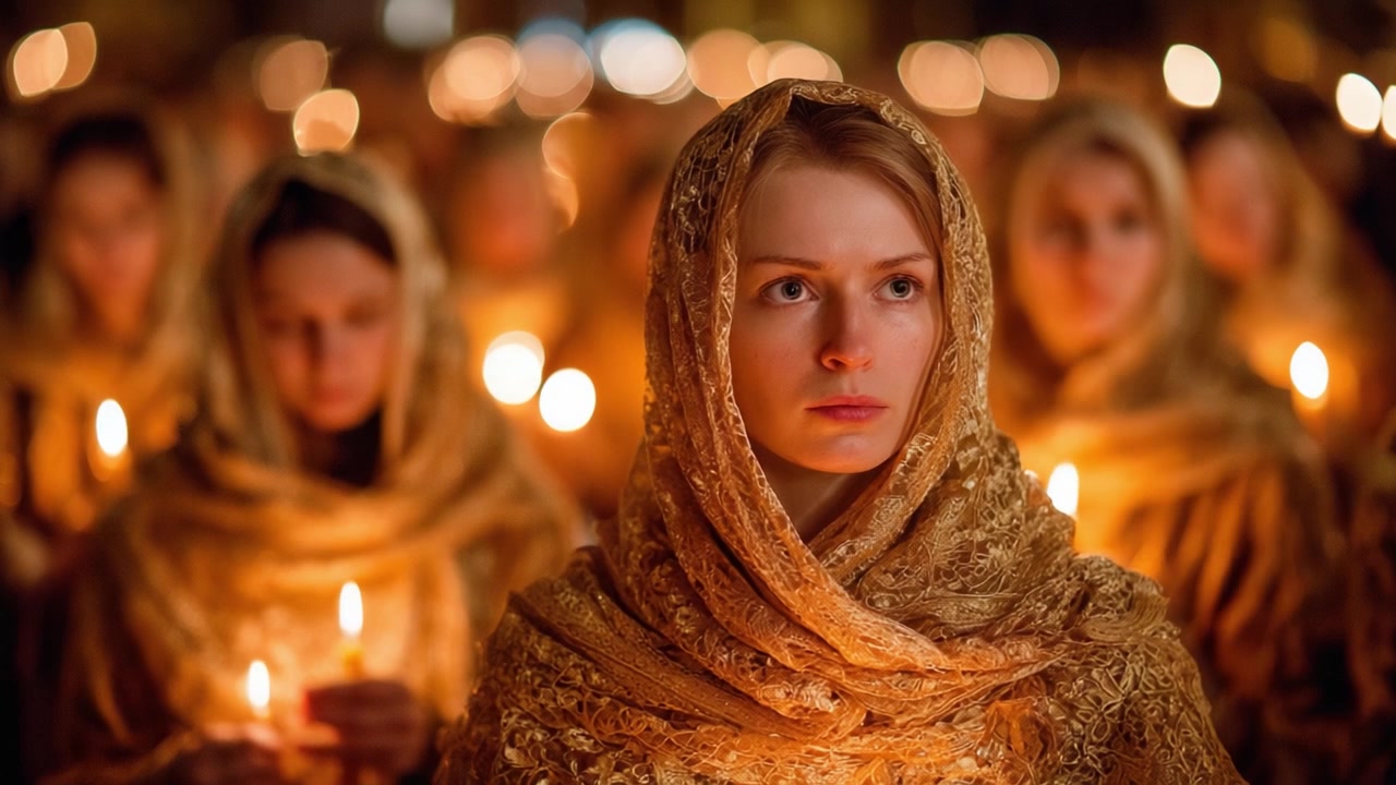 Un momento de contemplación capturado en una reunión a la luz de las velas, donde los rostros solemnes reflejan una profunda conexión con la tradición y la espiritualidad, iluminados por el cálido resplandor de las velas parpadeantes.