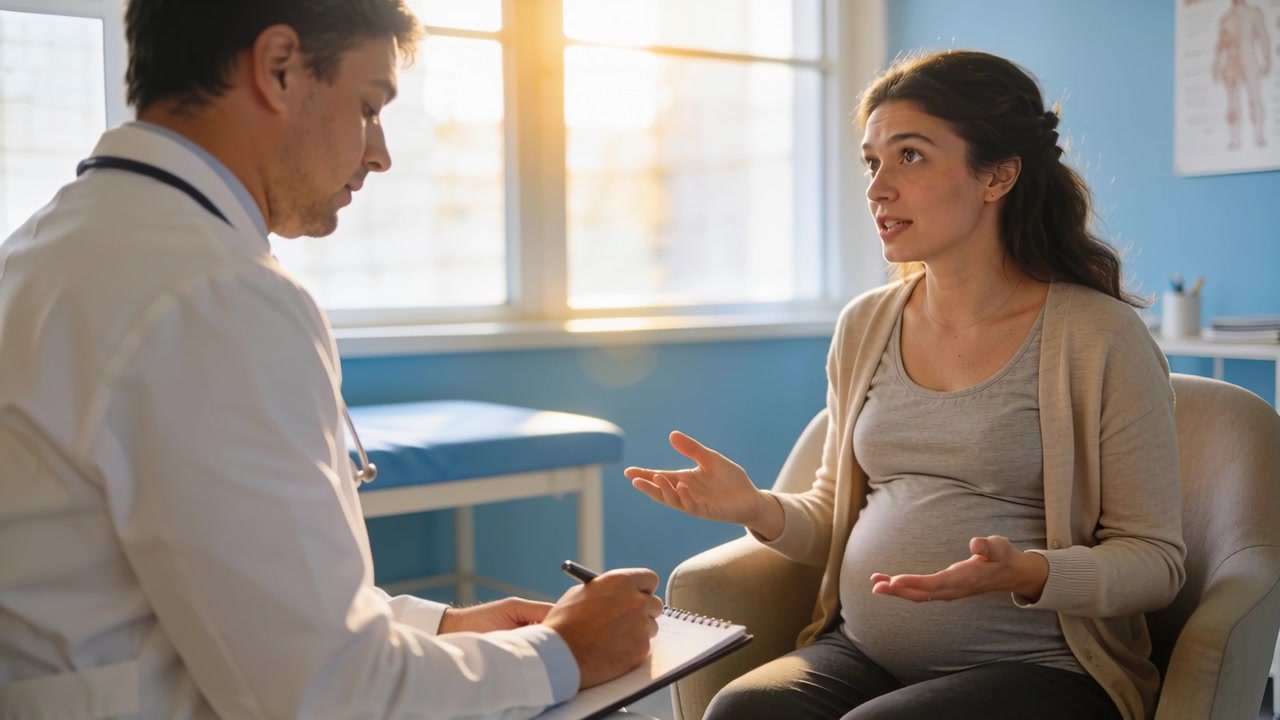 Donna incinta con maglietta grigia che parla e si tiene la pancia, mentre cerca assistenza in una sala d'esame, con il medico che prende appunti su un blocco note.