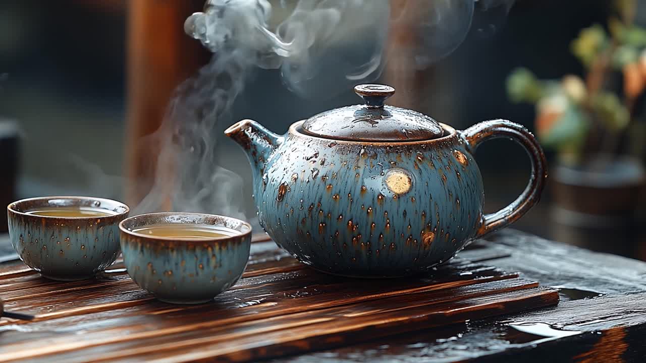 A calming tea ceremony with a blue teapot and teacups