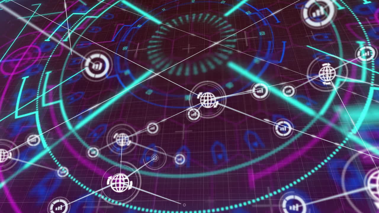 Interconnected icons and glowing geometric patterns in futuristic digital animation