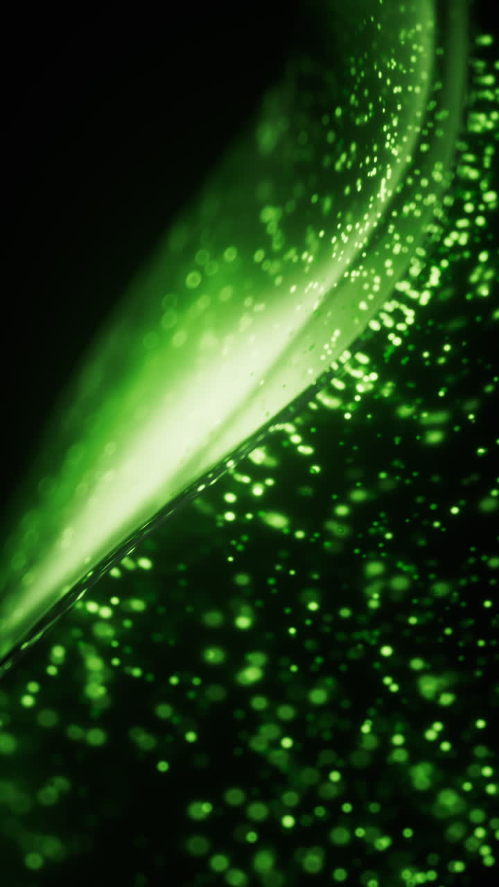 Green glowing particles in glass geometry, 3d rendering.