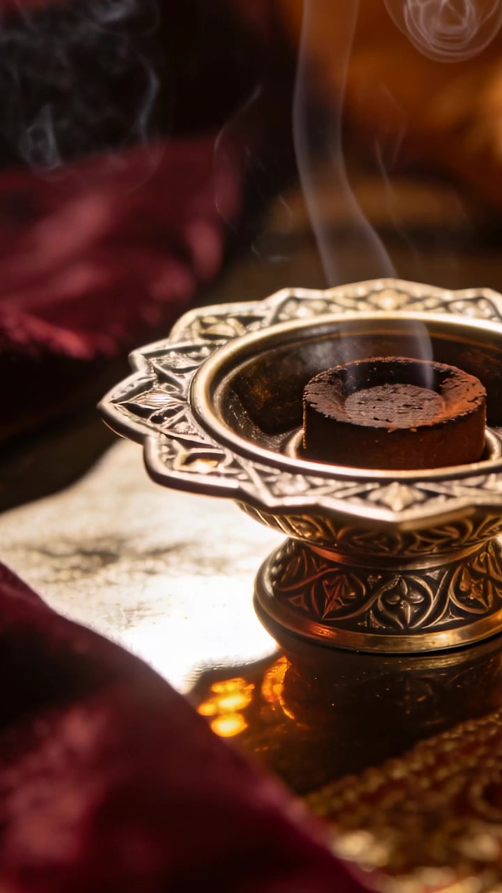 Vertical video: Smoldering puck emitting spiral smoke over metal burner on gold tray, maroon drape