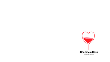 animation of become a hero donate blood text with blood in heart logo, on white background