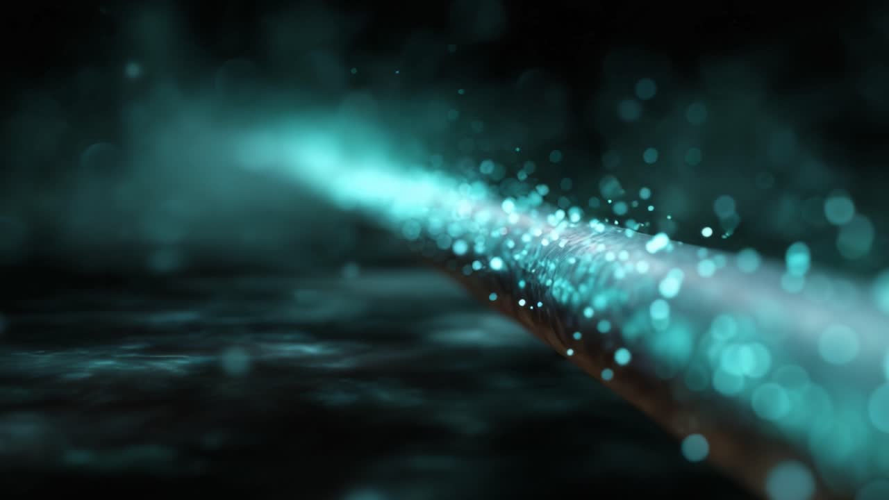 Un'affascinante rappresentazione di particelle scintillanti che scorrono lungo un raggio dinamico, creando un effetto visivo accattivante di luce e movimento in un ambiente etereo.