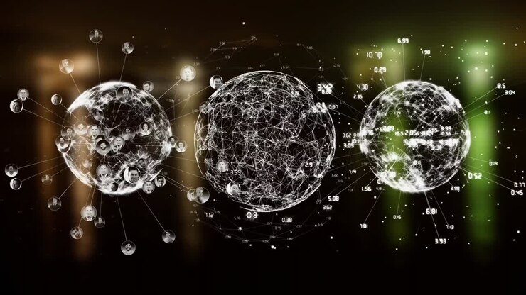 Animation of globes with icons over blurred background