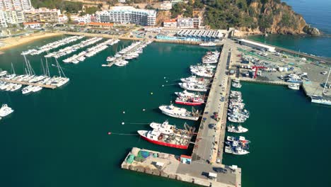 blanes aerial perspectives capture the blanes harbor, showcasing various boats docked along the piers, with the coastal town and hills as a backdrop
