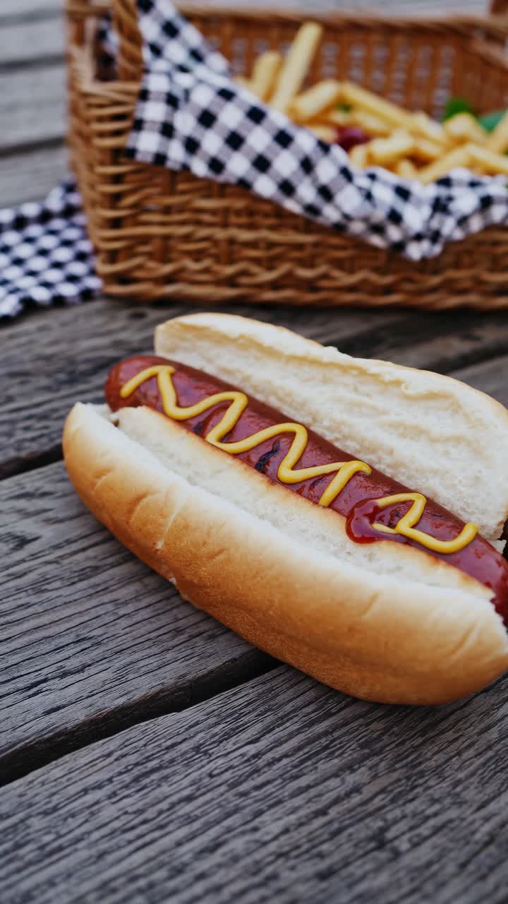 Close-up, angled shot of a hot dog with mustard, styled for a picnic