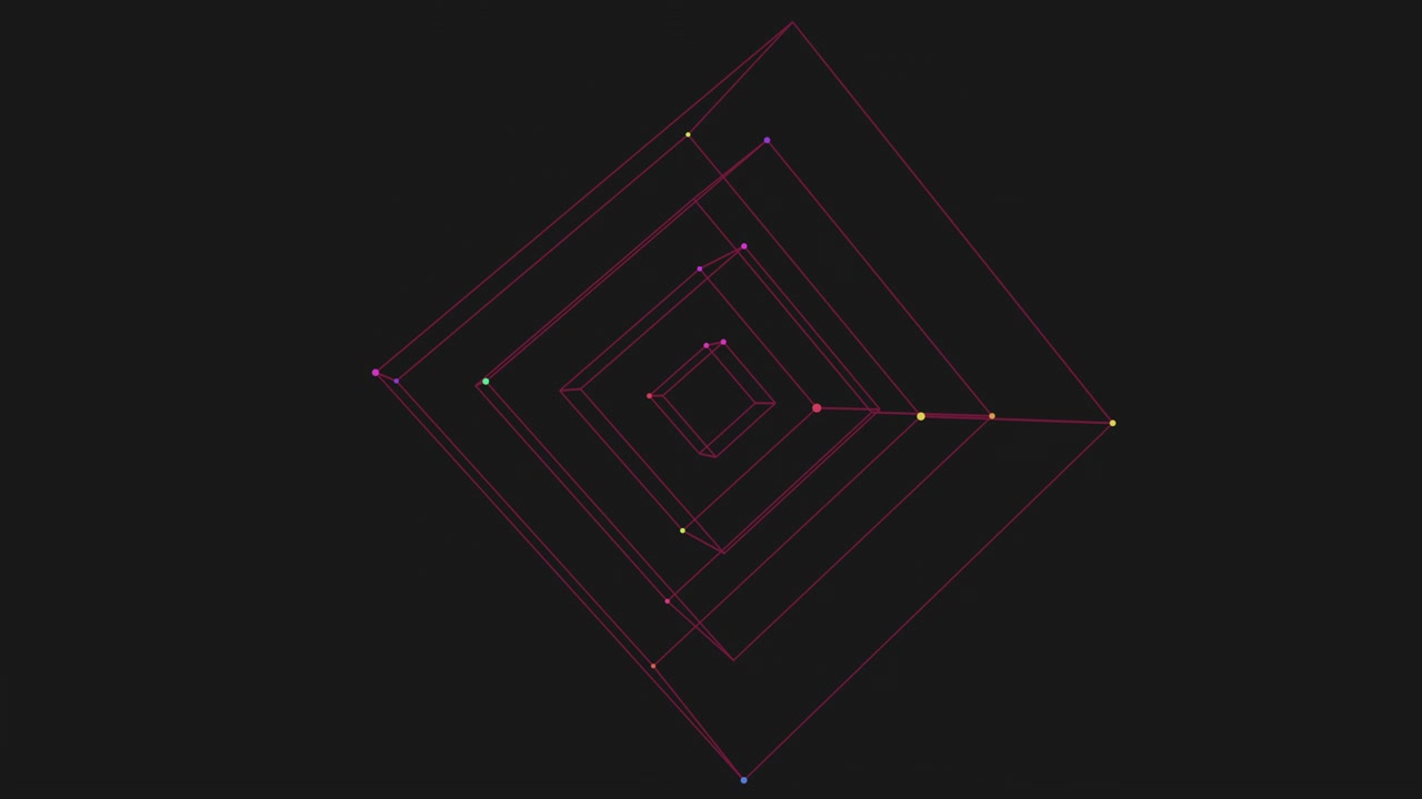 Abstract neon wireframe cube tunnel rotating on dark background, 3D geometry