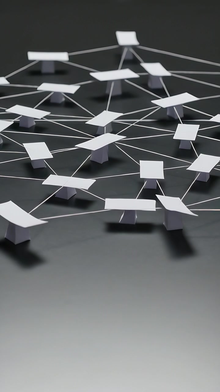 Vertical video: Tilting camera revealing white paper stands in studio with thin threads showing net