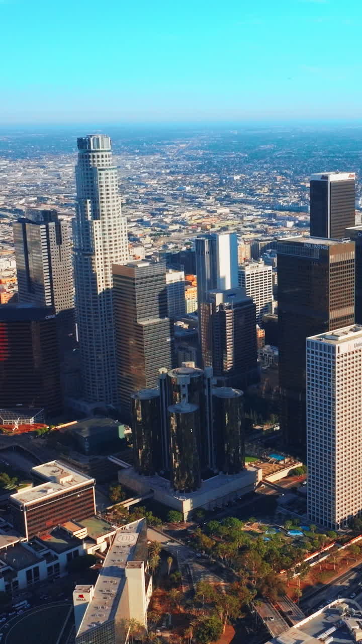 Busy lively downtown with gorgeous skyscrapers. Amazing scenery of Los Angeles, California, USA on sunny daytime. Aerial view. Vertical video