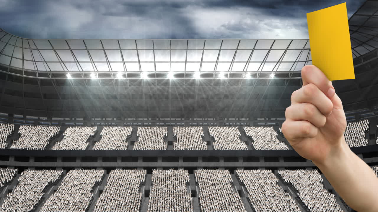 animación de un árbitro sosteniendo una tarjeta de penalización amarilla sobre un estadio deportivo