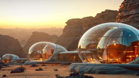 a group of glass domes in the middle of a desert at sunset