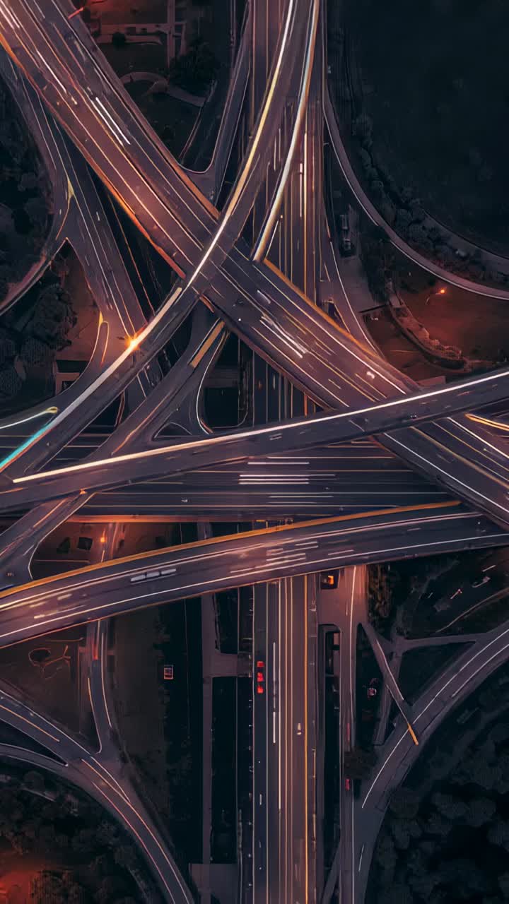Vertical video: Nightfall guiding highway interchange moving vehicles along ramps for smooth flow