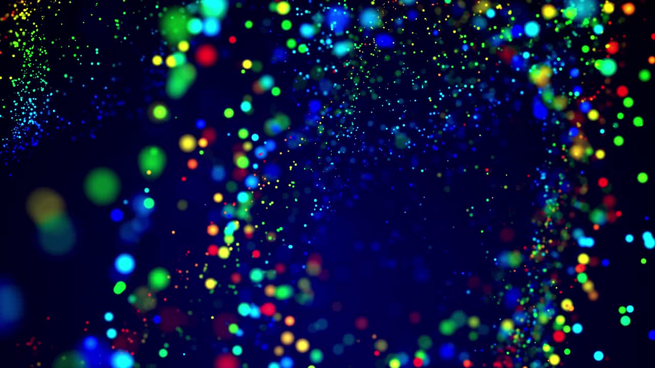 마법의 입자가 액체에 떠다니고, 보케 효과, 다채로운 입자가 물 에서 반이고, 아름다운 구름을 부드럽게 형성합니다.