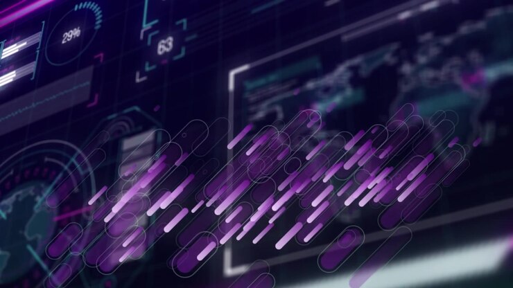 Animation of purple shapes over diverse data processing on black digital screen