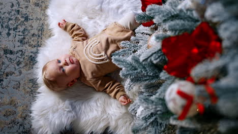 lovely caucasian baby in beige sweater lies on the white fluffy plaid under the christmas tree. top view on the child lying peacefully on the floor.