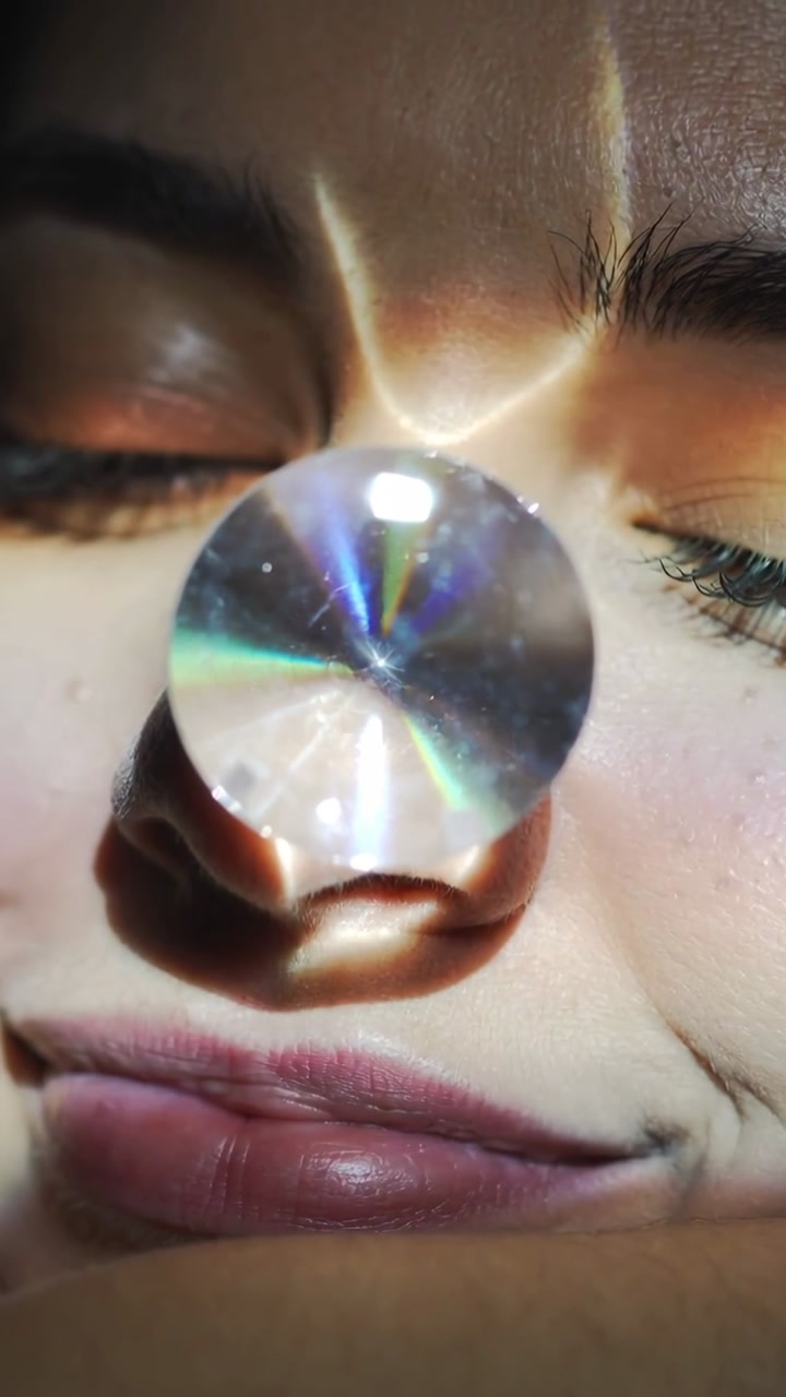 Vertical video: Reclining woman in bed, eyes closed while focused light bending for crystal effect