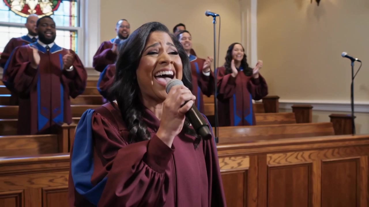 Solista principale che canta lodi in chiesa, con in mano un microfono, veste bordeaux con finiture blu accanto a una vetrata colorata.