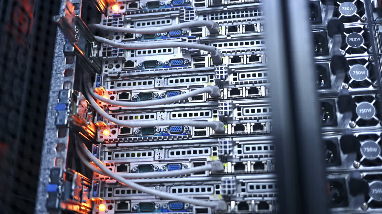 Close up of a rack-mounted server in data centre