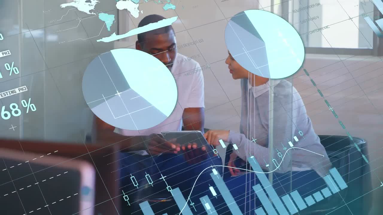 Animation of statistical data processing over diverse man and woman discussing over tablet at office