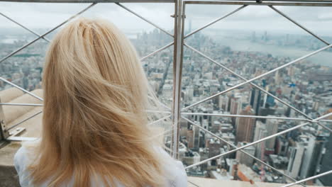 a woman looks through the bars on the panorama of new york one in a big city concept