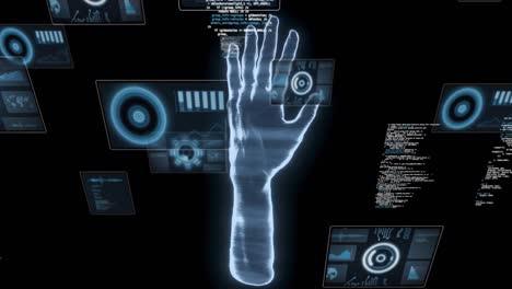 animation of hand, scopes scanning and data processing over screens on dark background