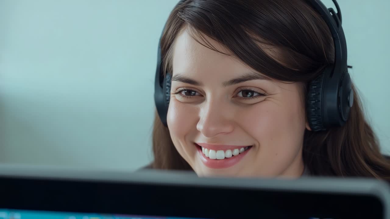 Donna che passa da un'espressione neutra a un sorriso, ascoltando con grandi cuffie in un home office, reagendo a un segnale del PC.