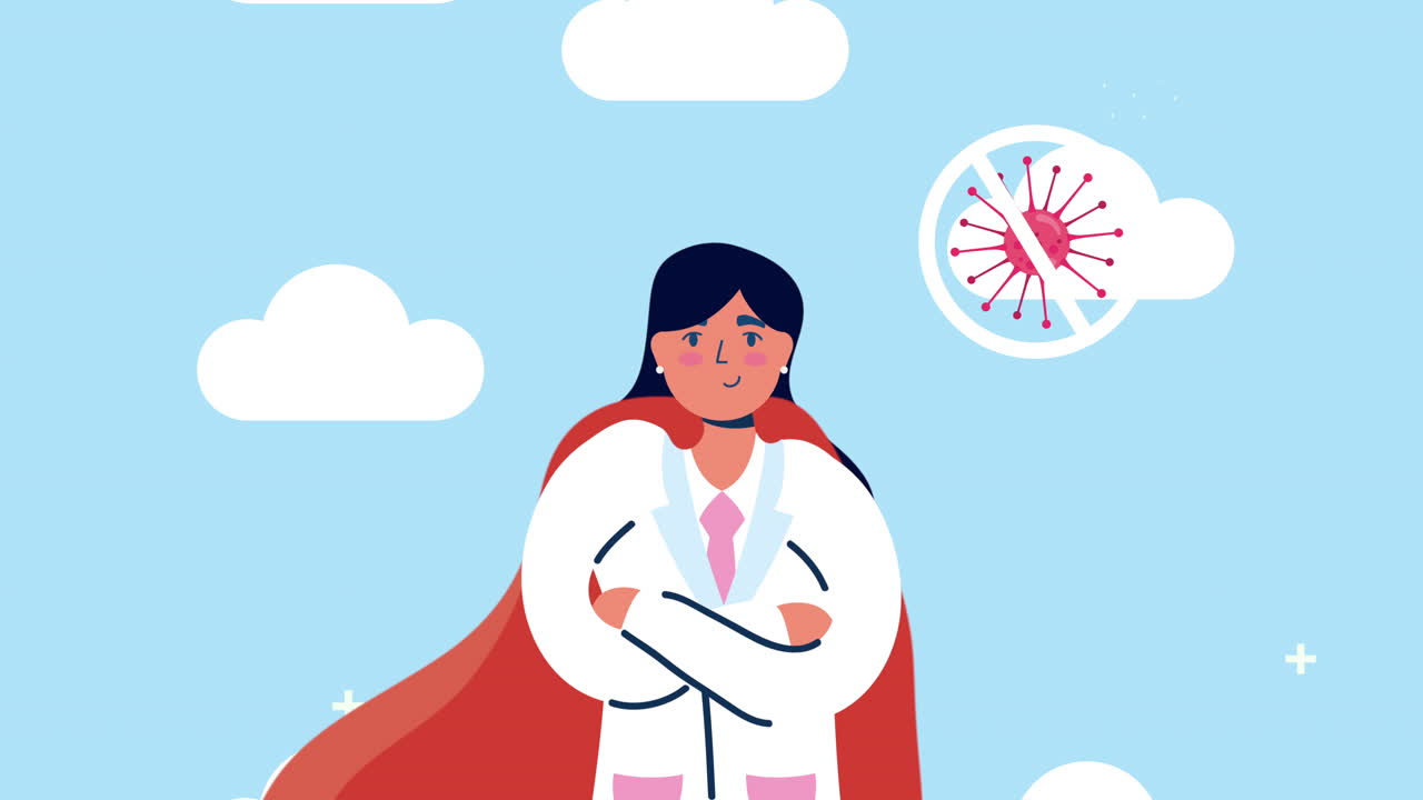 영웅의 망토와 코로나19 신호를 멈추는 여성 의사