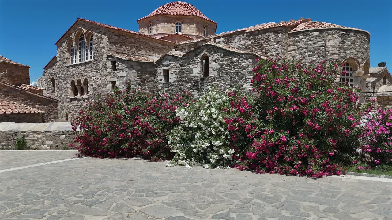 Isola di Paros, vista aerea che si inclina dagli oleandri colorati alla Chiesa di Ekatontapyliani, Sacro Santuario della Vergine Maria in una giornata di sole. Splendida architettura storica