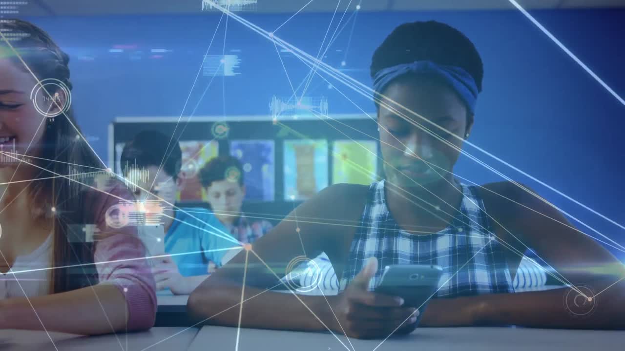 Animation of network of connections over african american girl using smartphone at school