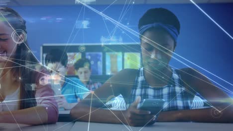 Animation-of-network-of-connections-over-african-american-girl-using-smartphone-at-school