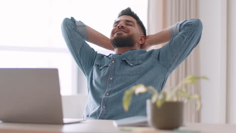 man relaxing at desk with hands behind head
